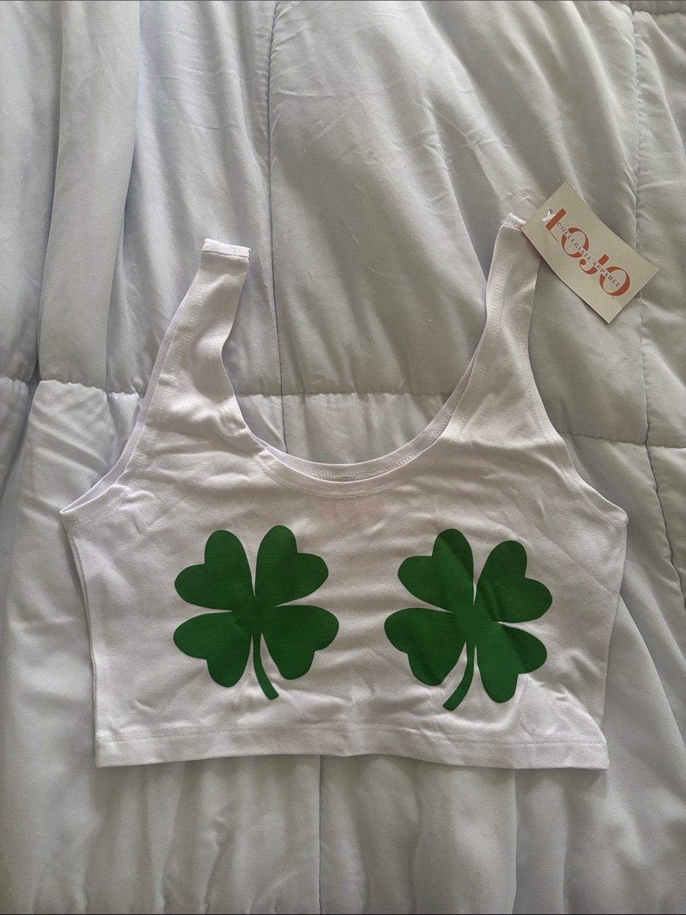 White Crop Tank with Green Clover Print